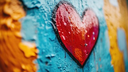 Wall Mural - Red heart painted on blue wall