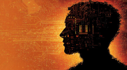 Poster - A silhouette of a person's head with circuit board pattern superimposed over it