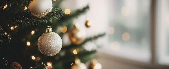 Poster - Beautiful Christmas Tree with Gold Ornaments and Soft Focus Background : Generative AI