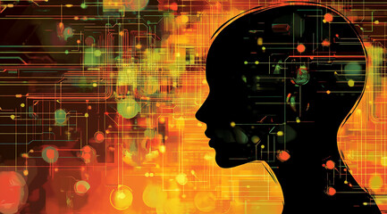 Aufkleber - A silhouette of a human head with a colorful, intricate network of lines and dots superimposed on the background, representing the interconnectedness of technology and the human mind