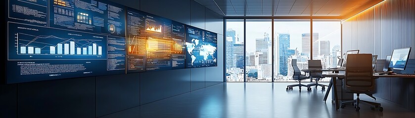 Aufkleber - Contemporary Office Environment with High Tech Data Displays and City View : Generative AI