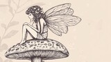 A delicate fairy with wings sits on a large mushroom, her head tilted down in thought, surrounded by floral details and a soft beige background.