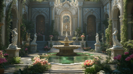 Poster - Symmetrical Garden Fountain with Marble Statues and Flowers