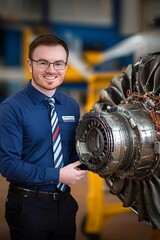 Aufkleber - Confident Young Male Engineer in Blue Shirt Examining Aircraft Engine Technology in Hangar