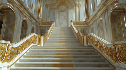 Poster - Symmetrical Marble Staircase with Gold Railings