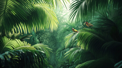 Poster - Tropical Jungle with Stylized Palm Leaves and Birds: