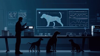 Poster - Researcher Analyzing Data with Dogs in a Modern Laboratory Setting Featuring High-Tech Screens and Graphs for Scientific Investigation and Analysis