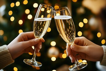 Poster - Festive Christmas celebration with champagne toasting in warm ambiance : Generative AI