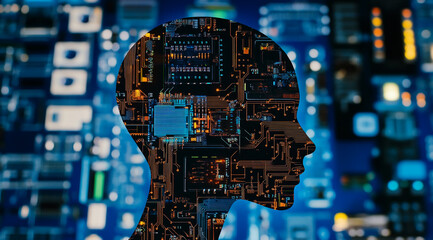 Poster - A silhouette of a human head is superimposed over a circuit board, representing the convergence of technology and humanity