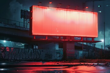 Poster - Glowing red empty billboard in abandoned city at night