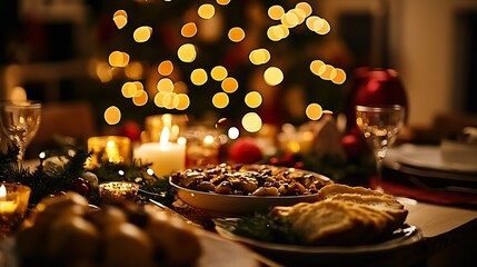 Poster - Candlelit Holiday Feast With Warm Lights on Christmas Eve : Generative AI