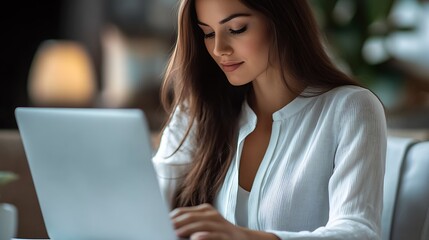 Aufkleber - Focused Woman in White Shirt Working on Laptop in Cozy Modern Coffee Shop Environment : Generative AI
