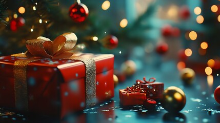 Poster - Festive Red Christmas Gift Box with Glowing Ornaments and Cozy Atmosphere : Generative AI