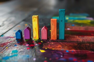 Poster - Colorful bar chart symbolizing growing property prices, made of wooden blocks on a colorful wooden background