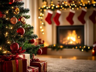 Aufkleber - Christmas Tree with Stockings by the Fireplace for a Classic and Warm Holiday Scene : Generative AI