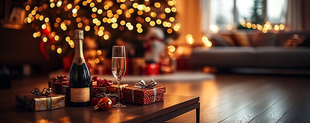 Aufkleber - Elegant Christmas Setup with Champagne and Glittering Ornaments : Generative AI