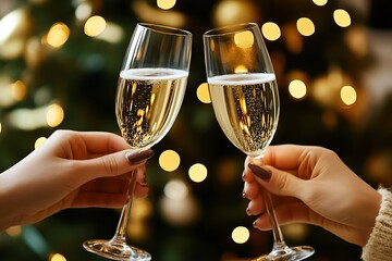 Poster - Joyful holiday celebration with champagne toasting amid festive decor : Generative AI