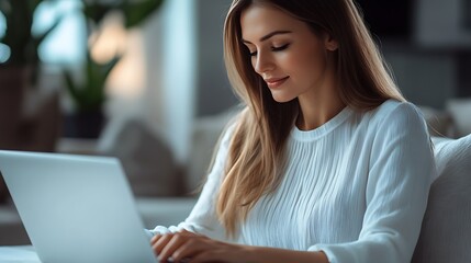 Aufkleber - Professional Young Woman Using Laptop in Bright Relaxed Home Office Space : Generative AI