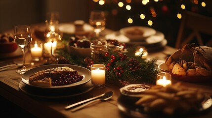 Poster - Elegant Holiday Dinner Table with Candles and Festive Decorations in Cozy Atmosphere : Generative AI