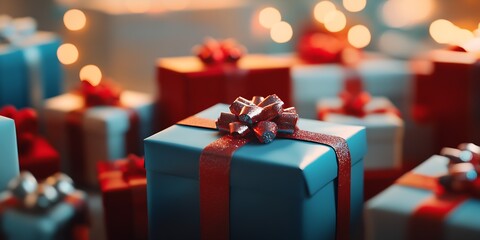 Poster - Festive Holiday Gift Boxes with Shimmering Red and Blue Ribbon in Dim Light Setting : Generative AI