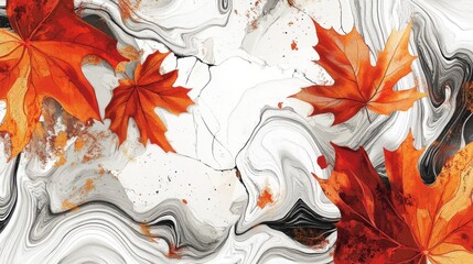 Poster - Abstract line art of falling autumn leaves, detailed veins and shapes on a white background