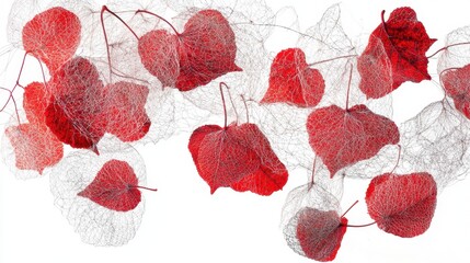 Poster - Abstract line art of falling autumn leaves, detailed veins and shapes on a white background