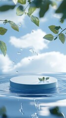Poster - A blue sky with white clouds and a water droplet falling from a leaf