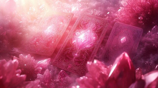 An ethereal arrangement of tarot cards and sparkling pink crystals, enhanced by soft, diffused light for a magical touch