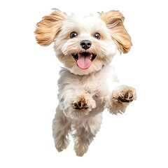 A cute Havanese dog jumping with a happy face