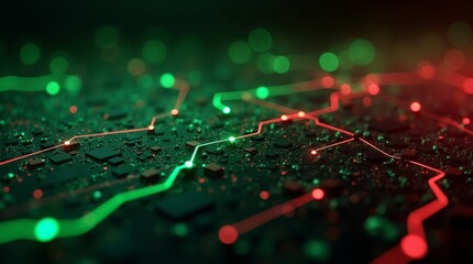 Poster - Glowing red and green circuit lines on a dark surface, futuristic technology pattern