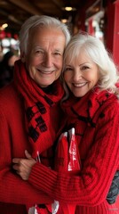 Wall Mural - A couple in red clothing are smiling for the camera. The man is wearing a red sweater and scarf, while the woman is wearing a red sweater and scarf as well. They are both holding red bags