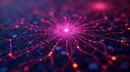 Poster - Glowing pink and red circuit lines on a dark surface, abstract digital network background