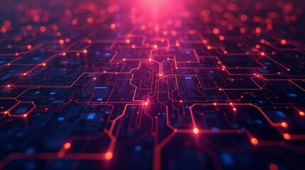 Fototapete - Glowing pink and red circuit lines on a dark surface, abstract digital network background