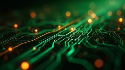 Poster - Green and orange glowing circuit lines, abstract futuristic technology background