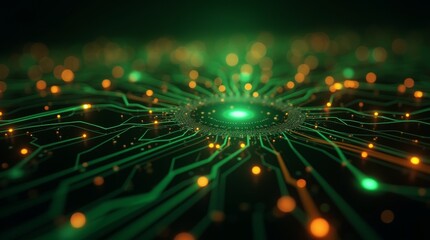 Poster - Green and orange glowing circuit lines, abstract futuristic technology background