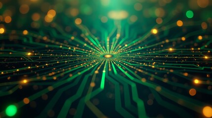 Poster - Radiating green and orange circuit lines, central glowing hub, futuristic tech design