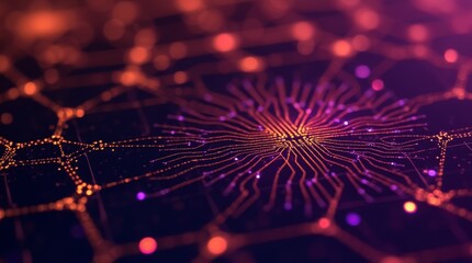 Poster - Vibrant red and purple circuit lines, abstract digital network on a dark background