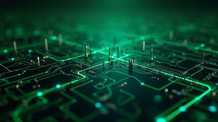Poster - Green glowing circuit pattern, futuristic digital grid on a dark background