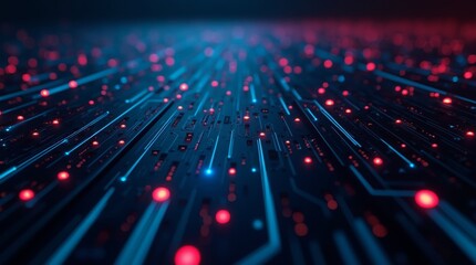 Fototapete - Red and blue glowing circuit lines, futuristic digital network on dark background