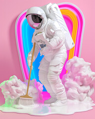 Wall Mural - Astronaut in white spacesuit sweeping with broom on pink background. Surreal composition with neon lights and artificial clouds
