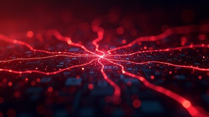 Aufkleber - Radiant red lines converging at a central point, abstract digital network on a dark background