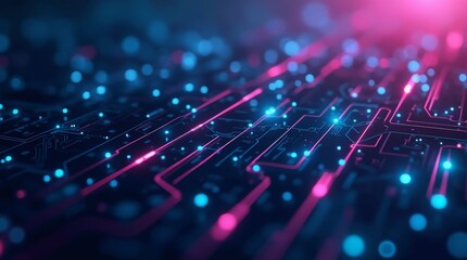 Poster - Neon blue and pink circuit lines, abstract digital network with glowing connections