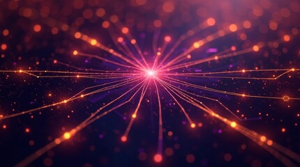 Fototapete - Glowing purple and orange digital network, abstract futuristic technology with interconnected nodes