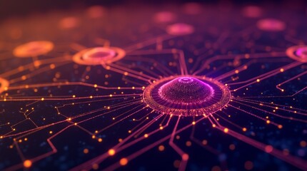 Poster - Glowing purple and orange digital network, abstract futuristic technology with interconnected nodes