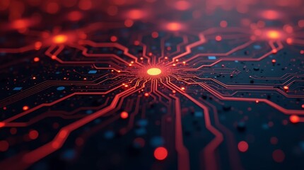 Poster - Glowing red circuit board pattern, futuristic technology background with digital connections