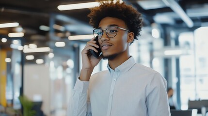 Poster - A young man in a light blue shirt talking on his phone in an office environment.