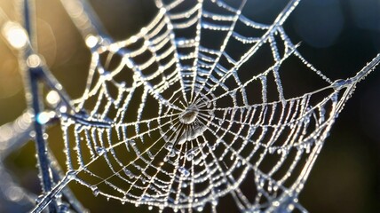 A realistic close-up of a frost-covered spider web glistening in the morning sunlight. The intricate web pattern is highlighted by tiny ice crystals, creating a delicate and beautiful winter scene.