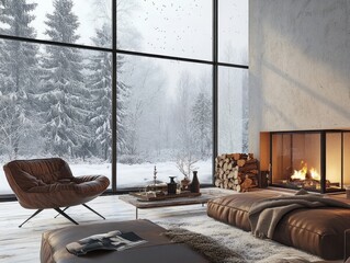 Wall Mural - Cozy Living Room with Fireplace and Snowy Winter View