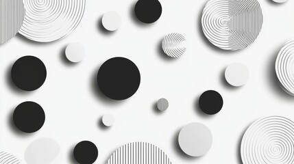 Poster - An abstract arrangement of black and white circles with varying patterns on a bright background, creating a dynamic visual.