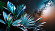 © Ascending Dragon - 青い色の熱帯の葉が宇宙の中で幻想的に輝く観葉植物コレクションの独特なデザイン。生成AI
